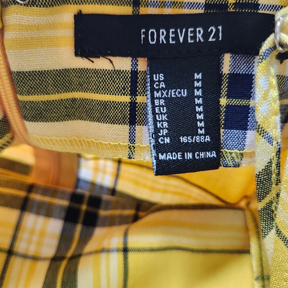 Forever 21 Yellow Plaid Mini Dress Medium 90s Bodycon Spaghetti Strap Clueless - Picture 9 of 11